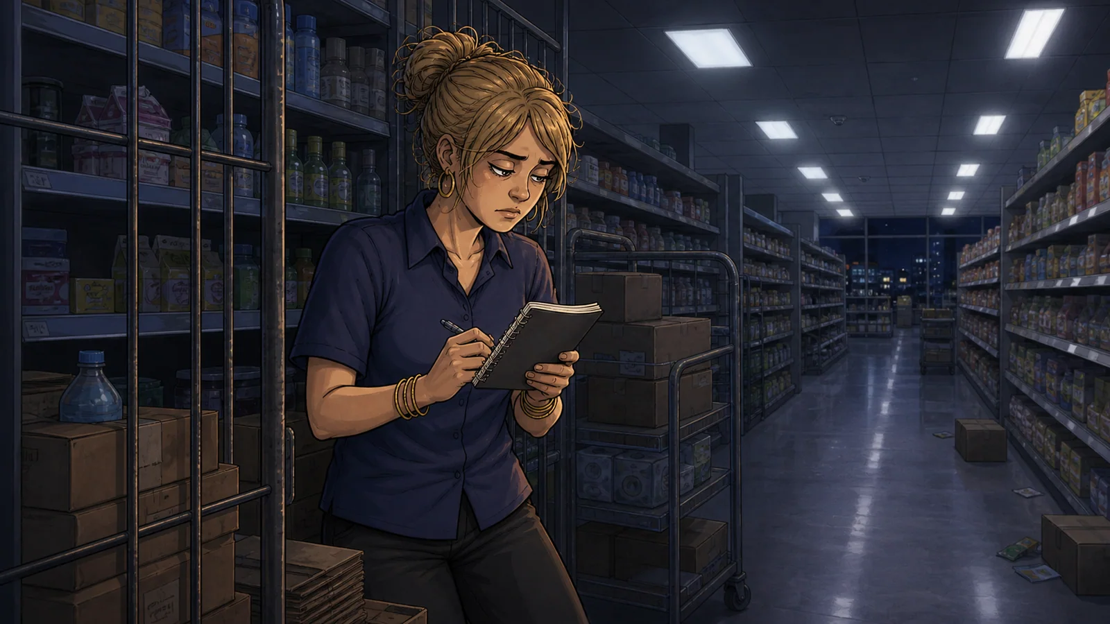 A retail worker making a practical plan during a late restocking shift