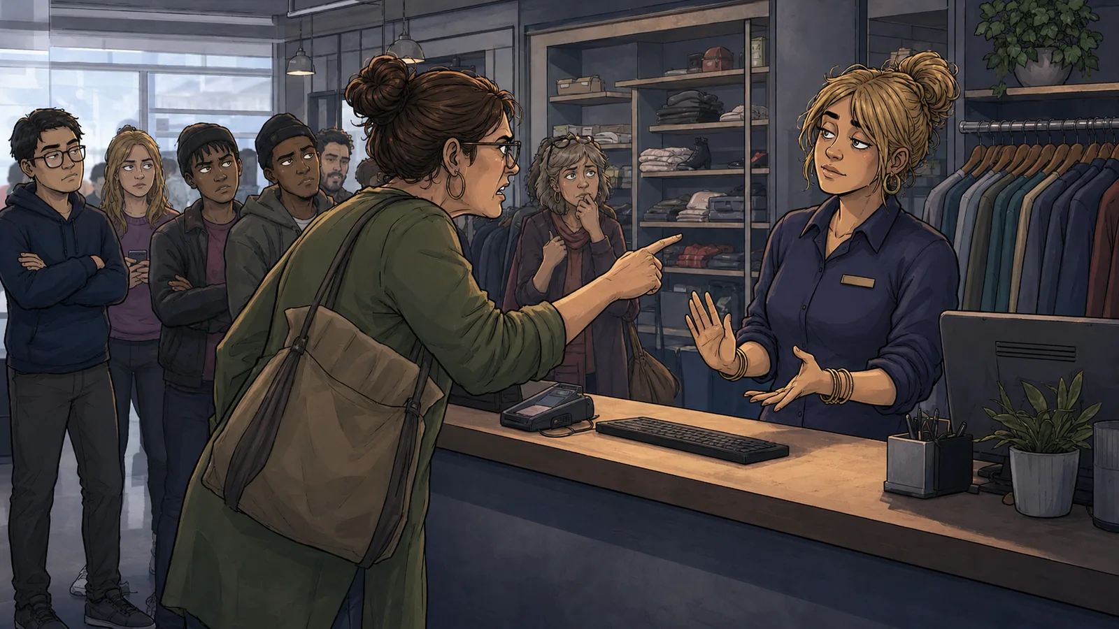 A retail worker calmly handling a tense customer-service conversation