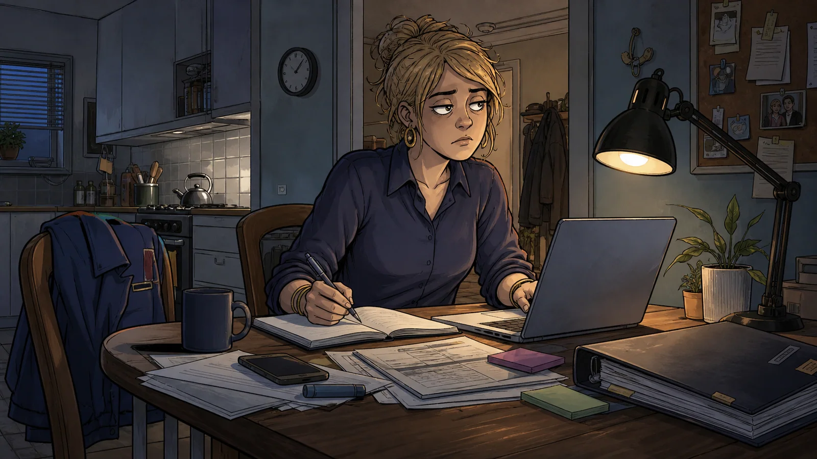 A retail worker working on a CV at home after a shift