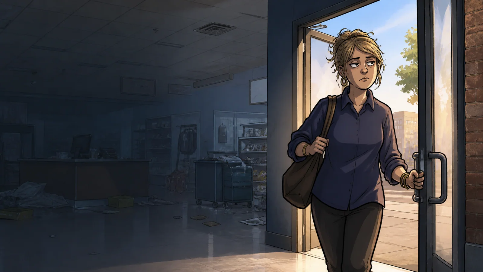 A tired but determined retail worker leaving a shop at the end of a shift