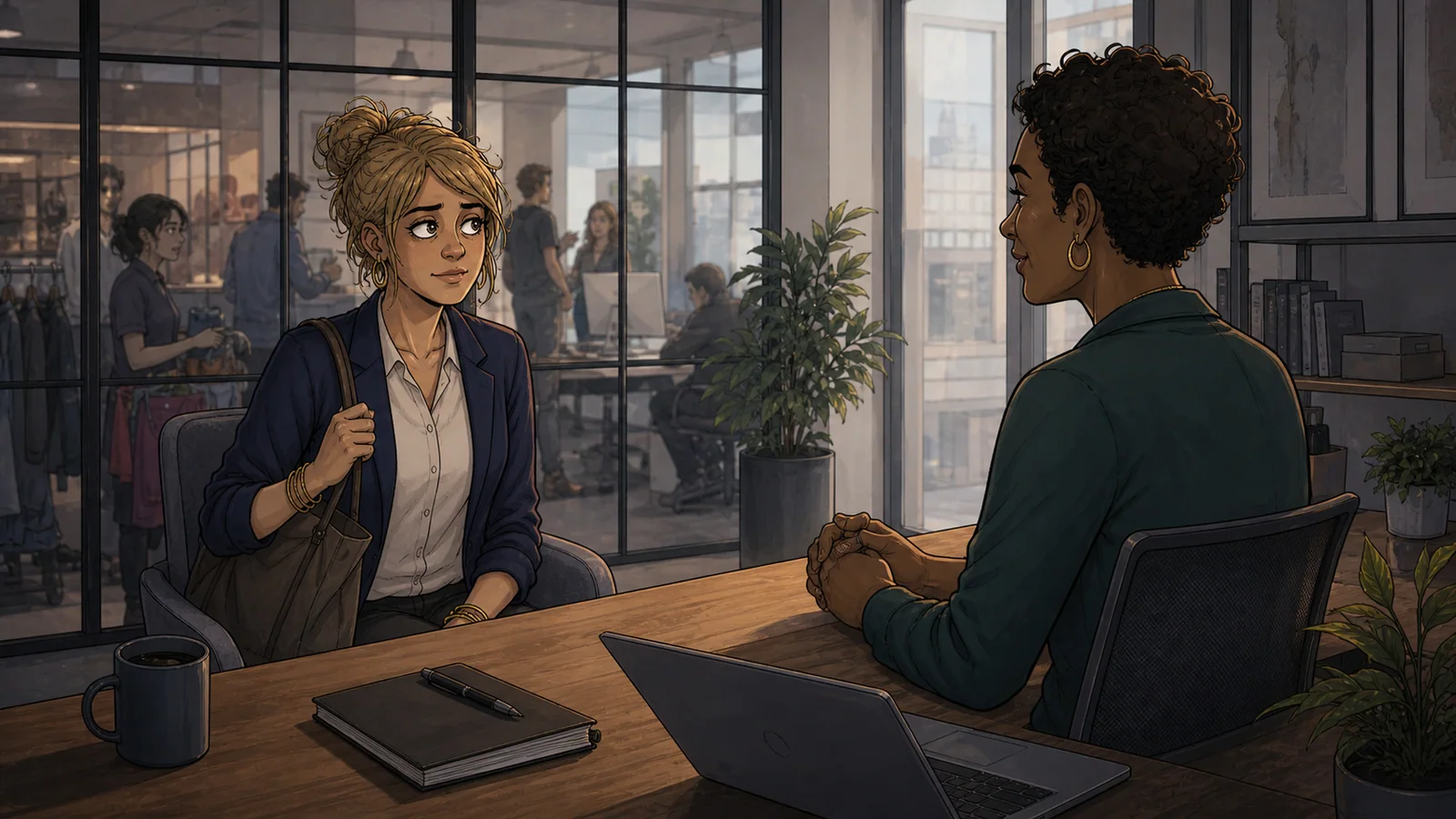 A former retail worker arriving prepared for an office interview