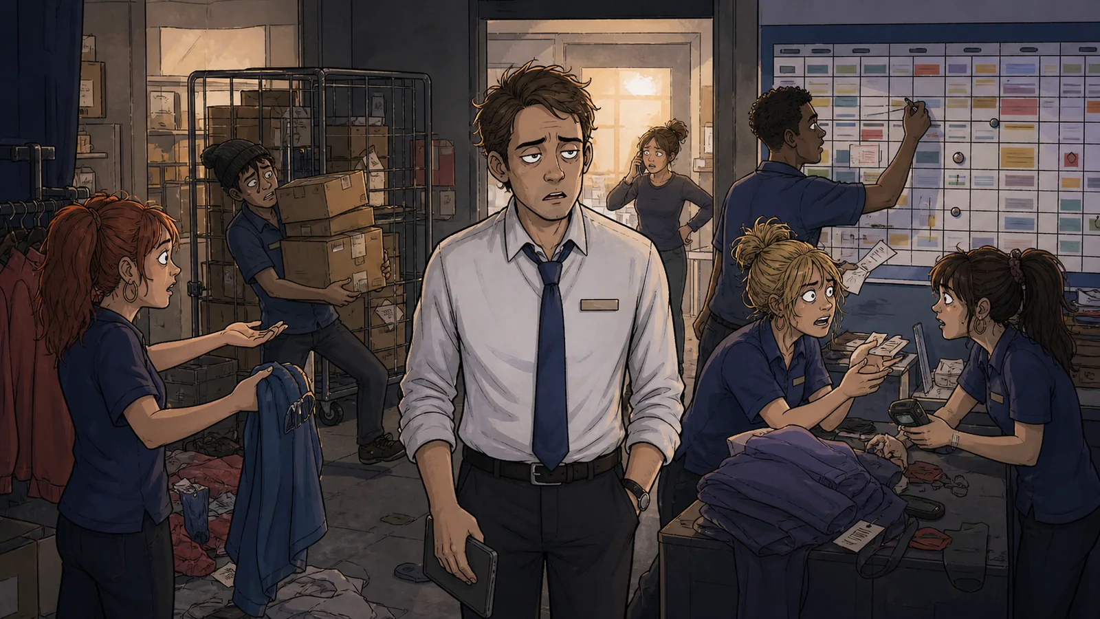A retail manager handling competing demands from a busy shop floor