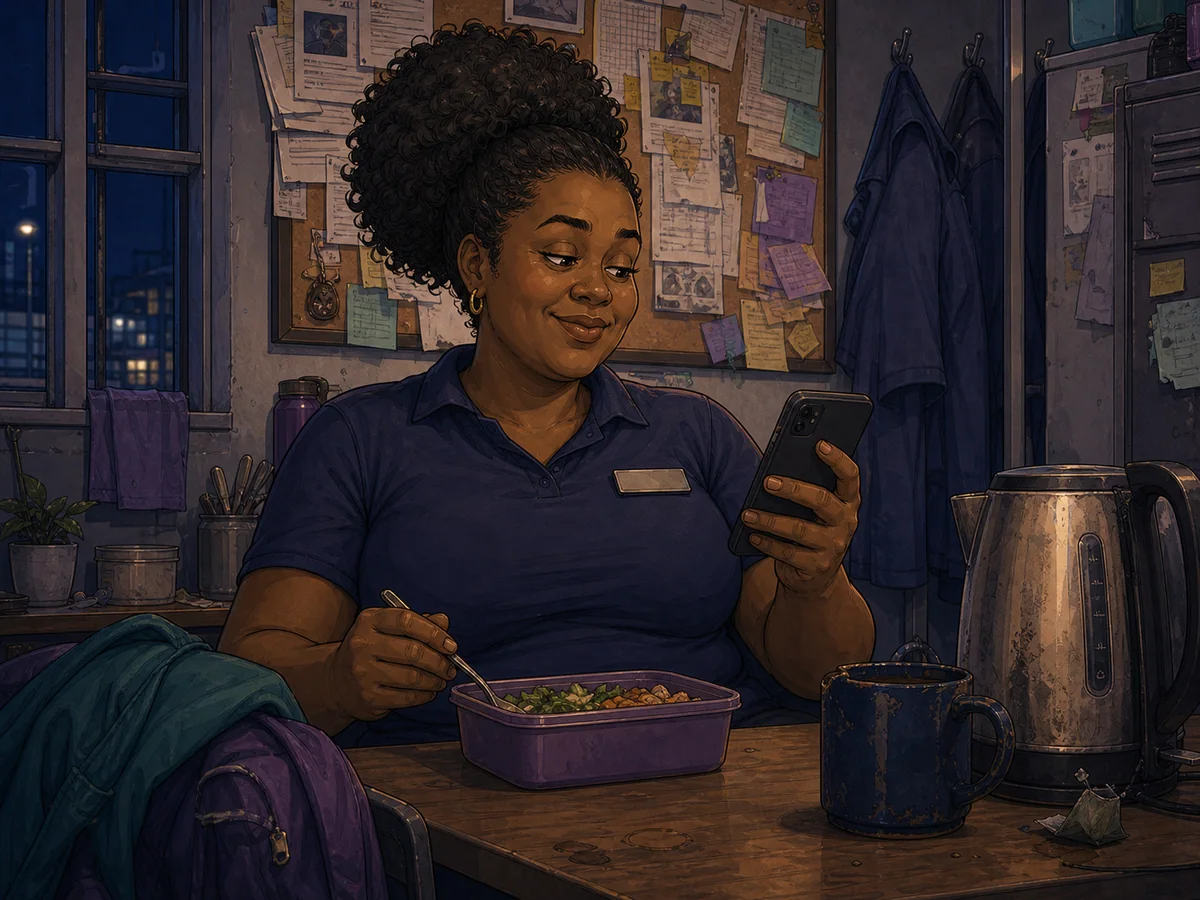A retail worker wearing a name badge reading a useful guide during her break