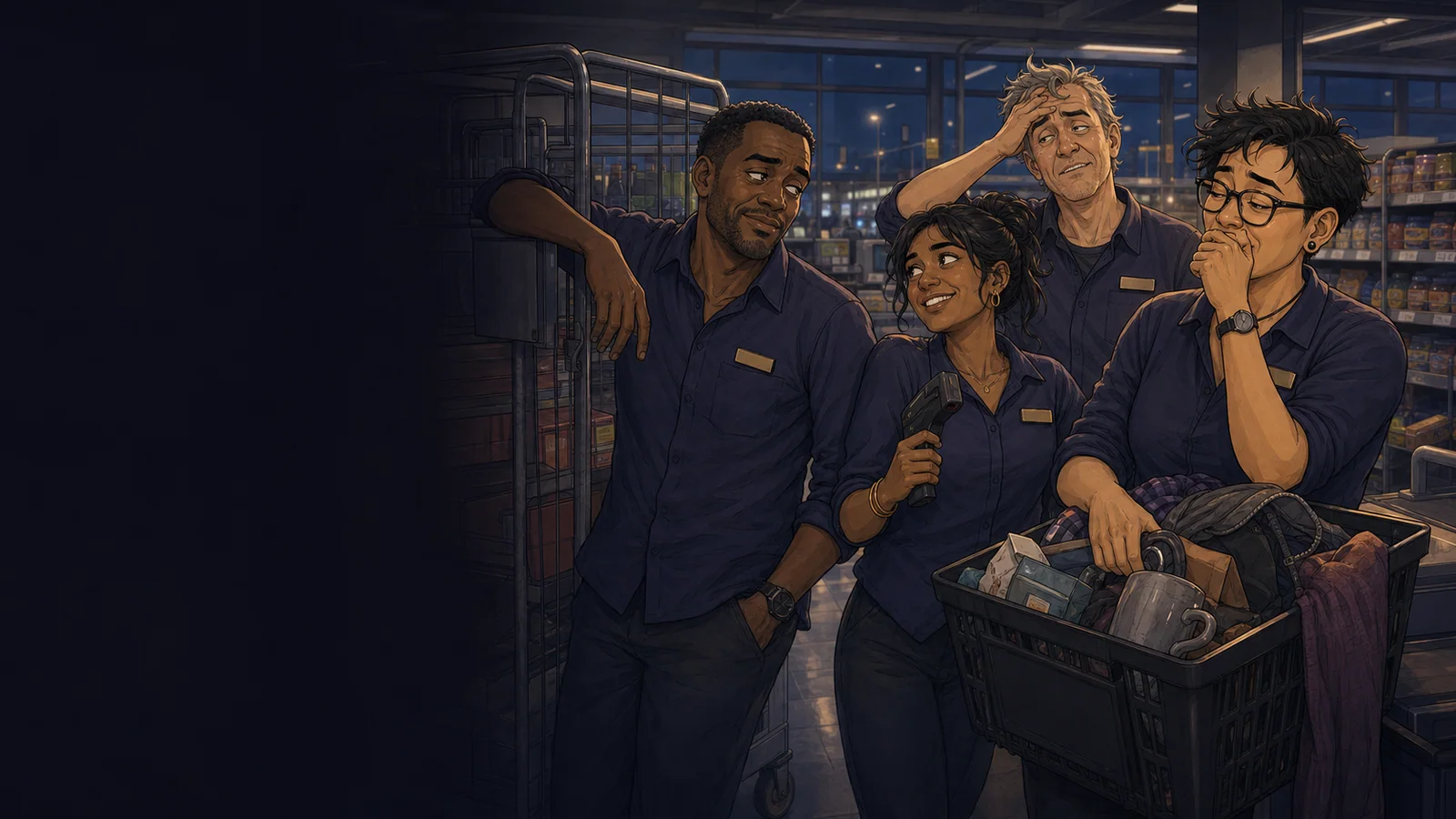 Four retail workers wearing name badges sharing a tired laugh at the end of a shift
