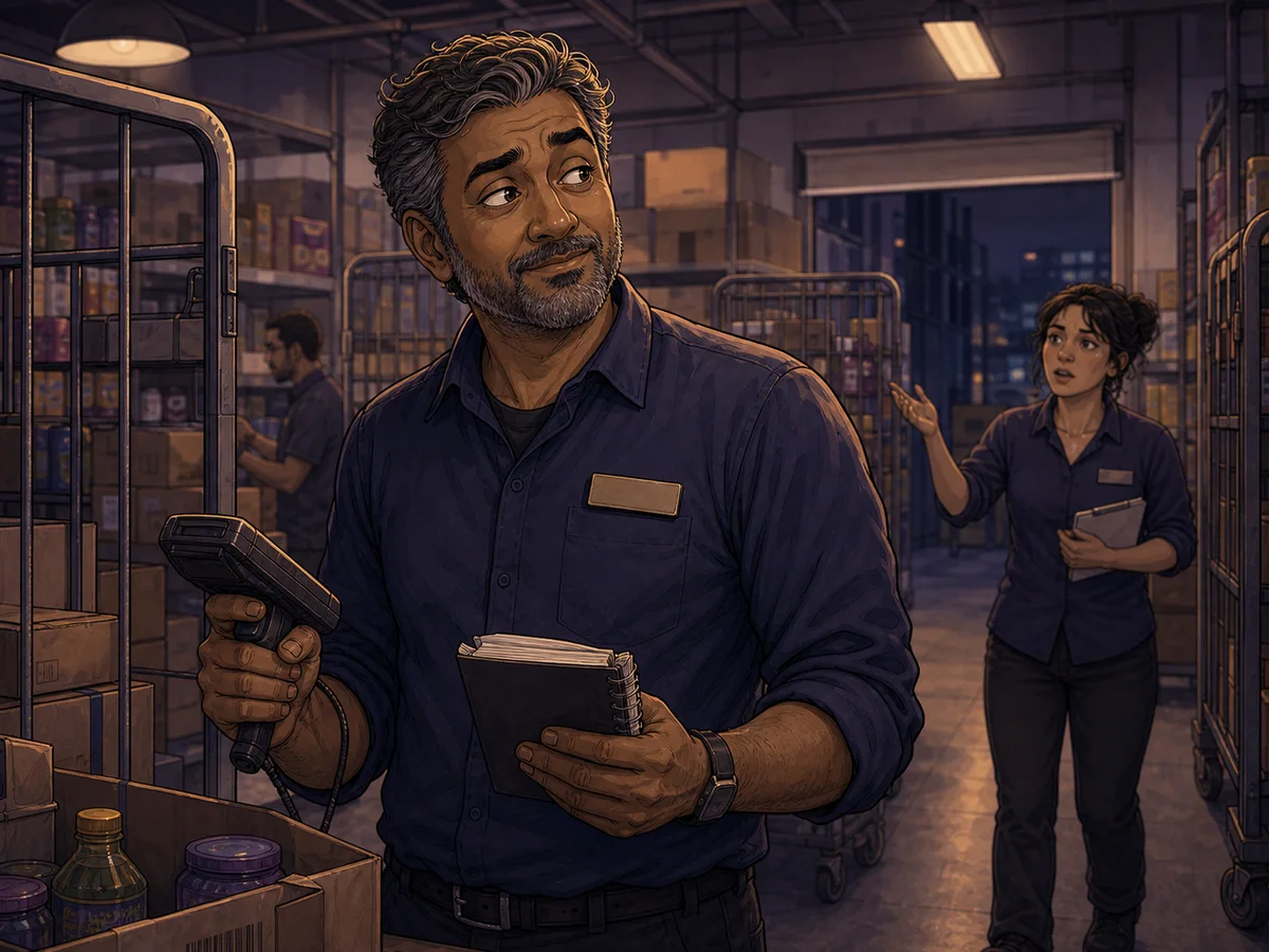 Retail workers using stock and inventory systems behind the scenes