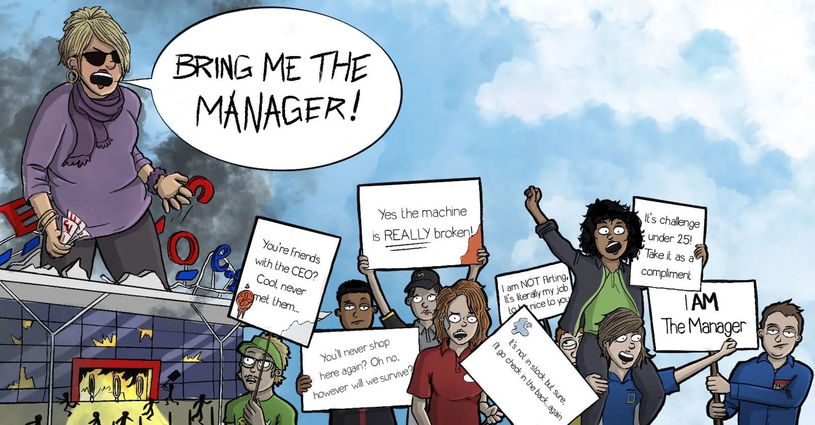 Retail Stole My Life artwork showing retail workers responding to familiar customer complaints