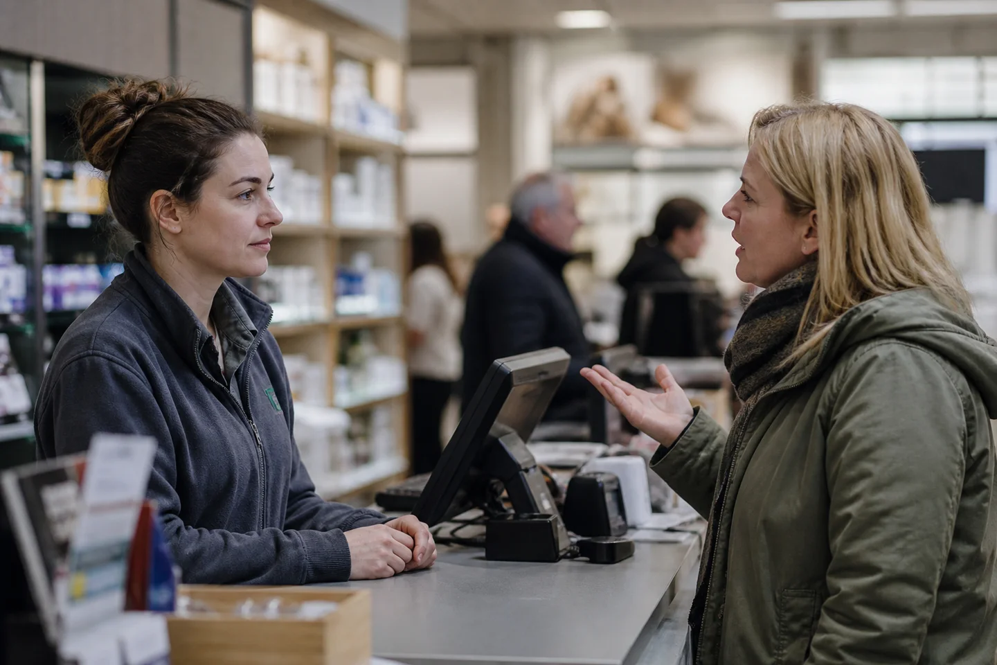A retail worker calmly handling a tense customer conversation