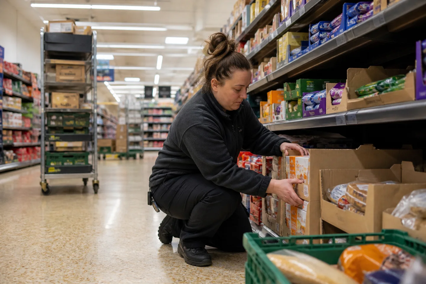 A retail worker restocking a supermarket aisle