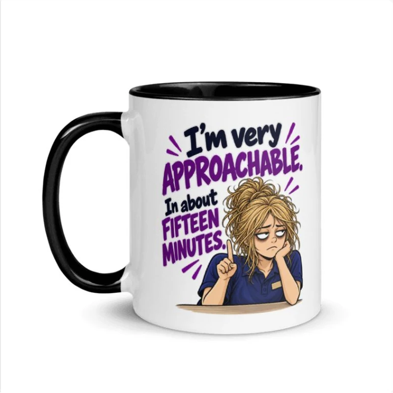 Approachable in Fifteen Mug with female character artwork