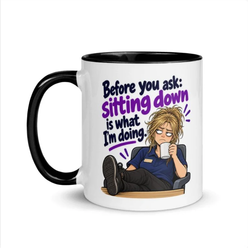 Sitting Down Mug with female character artwork