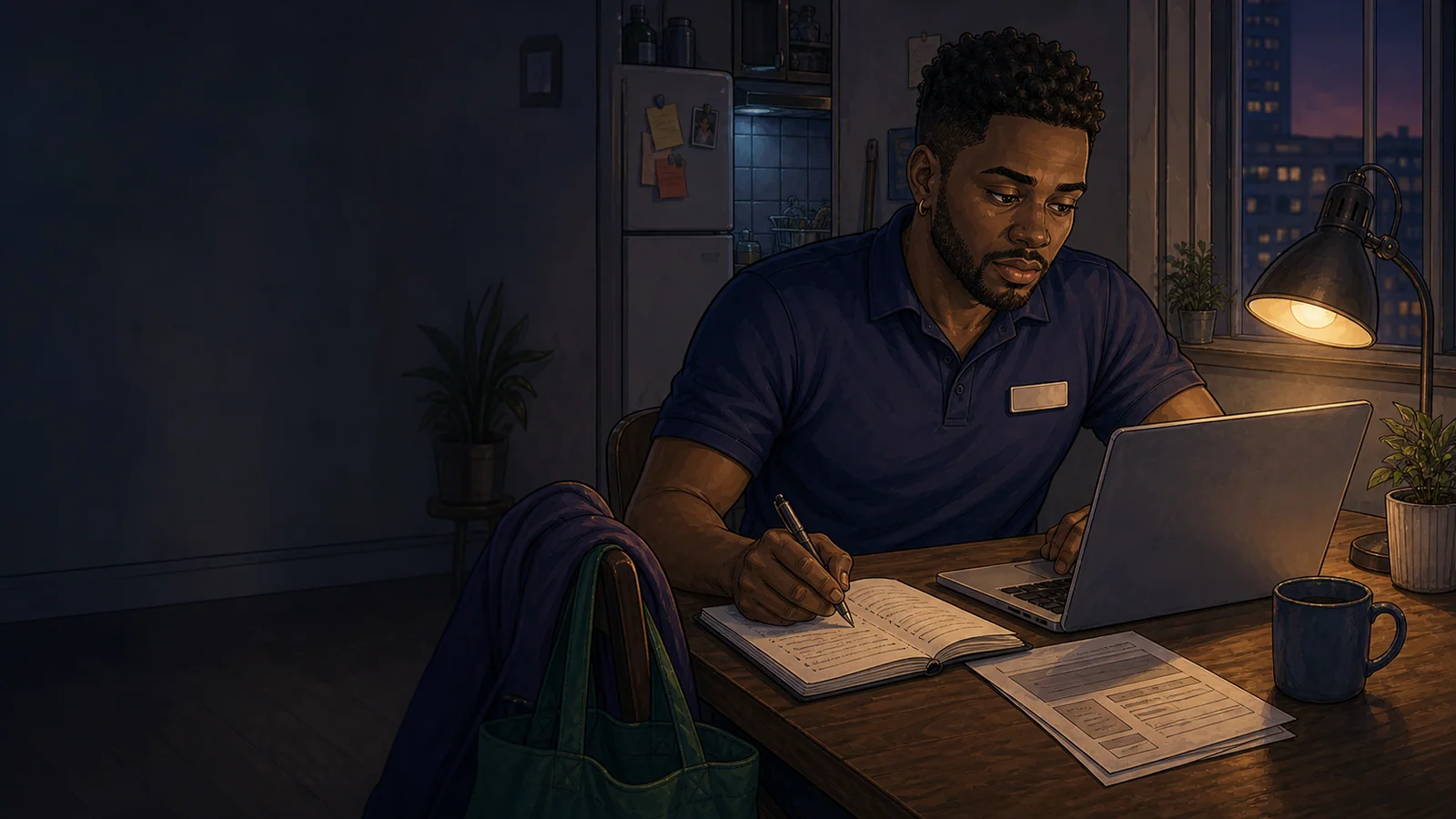 A retail worker wearing a name badge building a CV at home after a shift