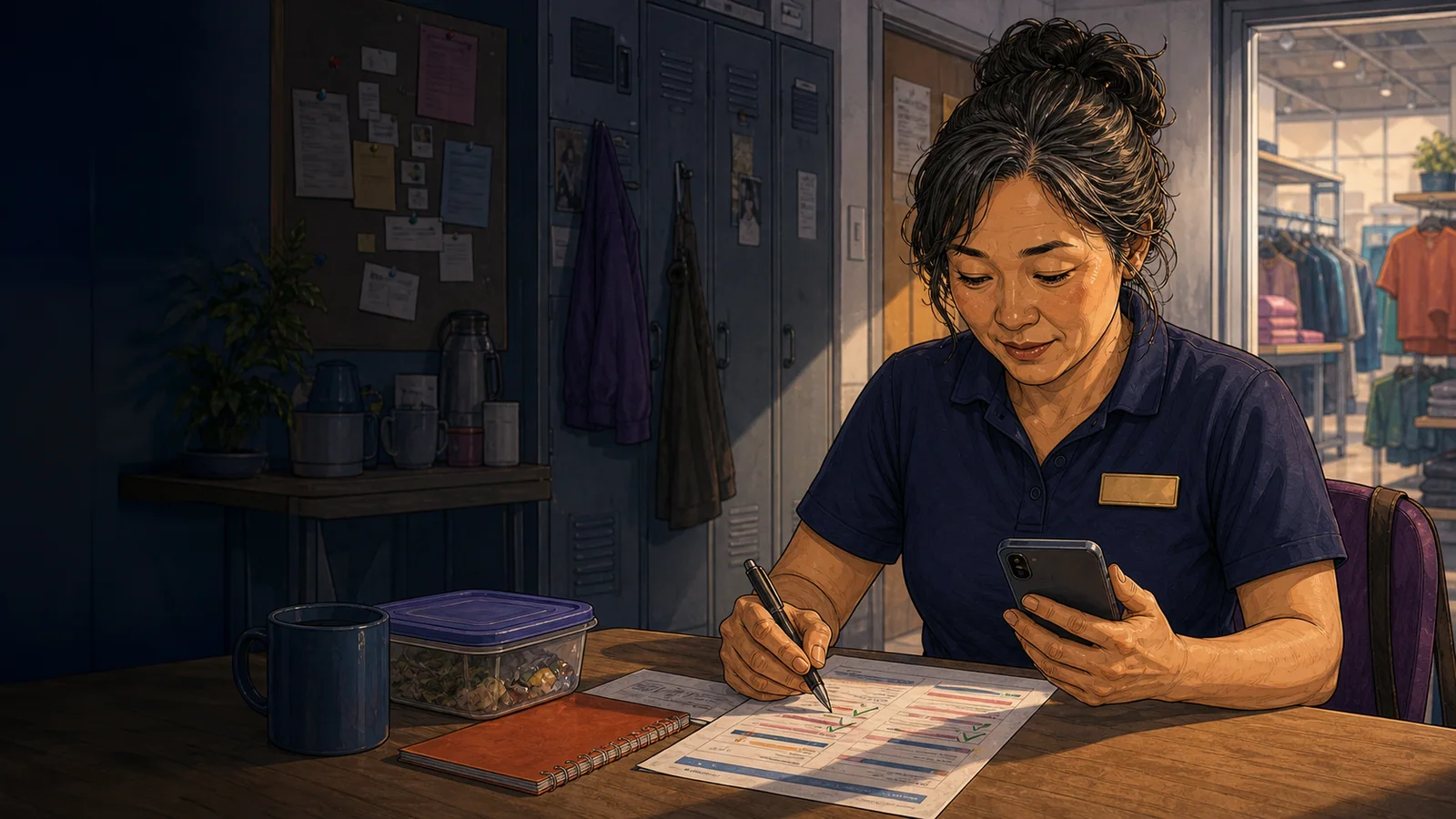 A retail worker wearing a name badge comparing her experience with a job advert